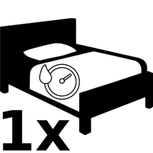A simple line drawing of a bed with a pillow and blanket, featuring a water drop and clock icon on the blanket, symbolizing bedding dry cleaning or time-sensitive care.