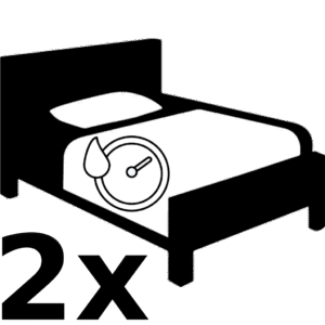 A simple line drawing of a bed with a pillow and blanket, featuring a water drop and clock icon on the blanket, symbolizing bedding dry cleaning or time-sensitive care.