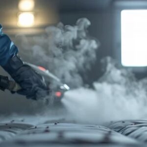 A worker in a blue suit using a steam cleaning device on mattresses, with visible vapor in an industrial setting.