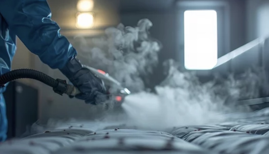 A worker in a blue suit using a steam cleaning device on mattresses, with visible vapor in an industrial setting.