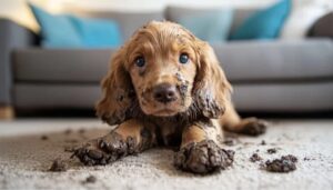 A muddy spaniel puppy lying on a carpet with dirt on its paws and face, in front of a gray sofa with blue cushions.